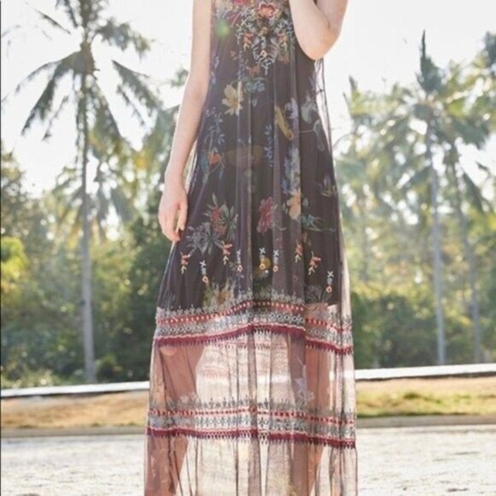 Johnny Was Black Embroidered LIYLAY Printed Mesh Maxi Dress